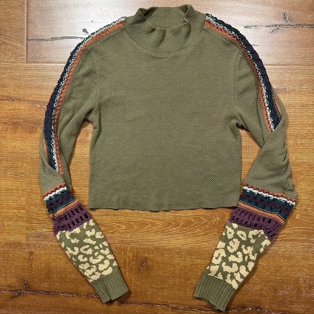 Free People Crop Thermal Shirt Womens S Green Long Sleeve Embroidered Crochet